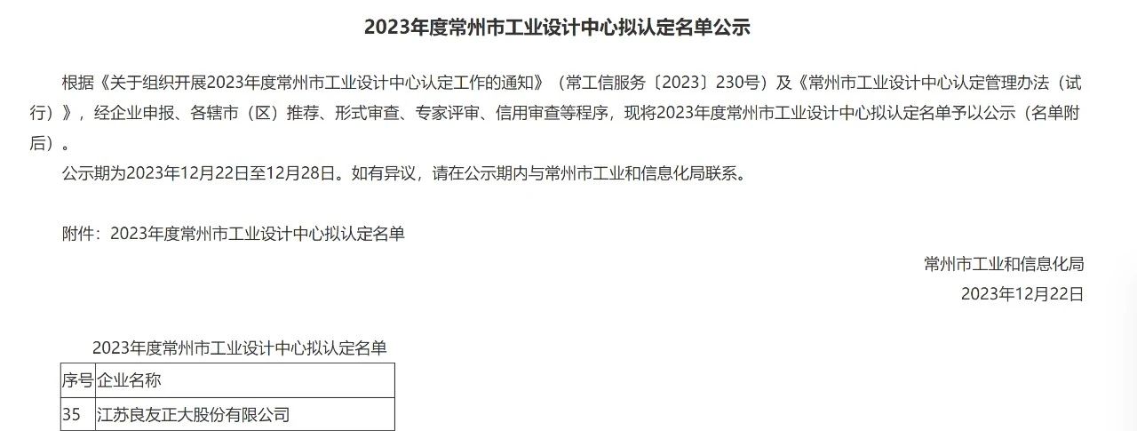 喜訊 | 良友股份榮獲2023年度“常州市工業(yè)設(shè)計(jì)中心”認(rèn)定(圖1)